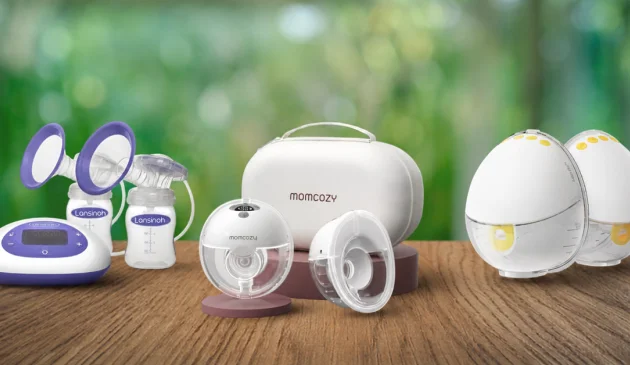 best breast pumps hero image featuring Lansinoh 2 in 1, Momcozy M5 and Medela InBra