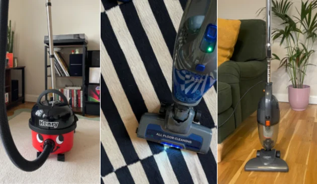 Budget vacuum cleaners in a grid from Vonhaus, Henry and others