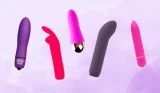 A picture collage of bullet vibrators against a purple background