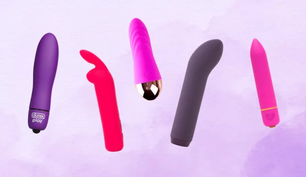A picture collage of bullet vibrators against a purple background