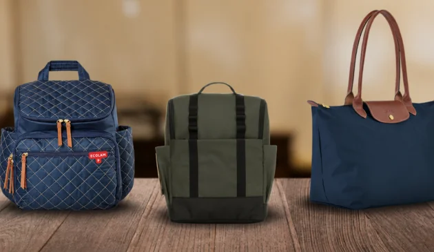 best changing bags hero image featuring longchamp le pliage, babymel finn and skip hop forma