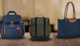 best changing bags hero image featuring longchamp le pliage, babymel finn and skip hop forma
