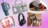 best gifts for new mums compilation image featuring My Expert Midwife, Stanley cup, Putska nappy caddy, Cook Box Meal, Beats headphones, Gower Cottage brownies