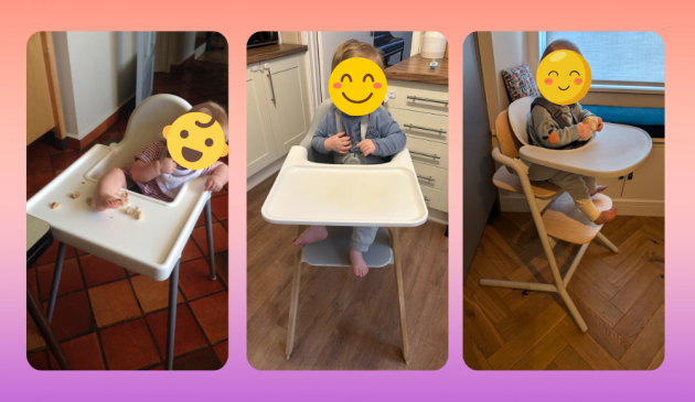 three of the best highchairs pictured in testing, including Ikea Antilop, Uppababy Ciro and Cybex Lemo
