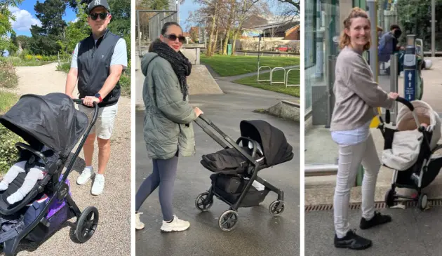 Three parents pushing the best pushchairs