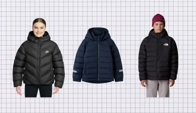 A collage of school coats from Nike, North Face and more