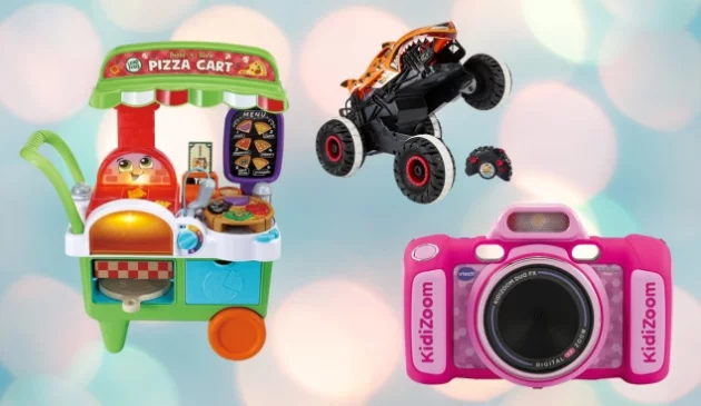 Best toys for 4-year-olds hero image featuring a Vtech KiddiZoom Camera, Leapfrog pizza cart and Hot Wheels monster truck