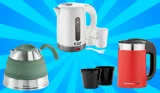 Composite image of the best travel kettles, including Russell Hobbs, Outwell, and Navaris