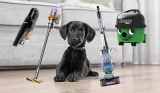 Best vacuum for pet hair selection - composite image around puppy, featuring Shark, Dyson and Henry