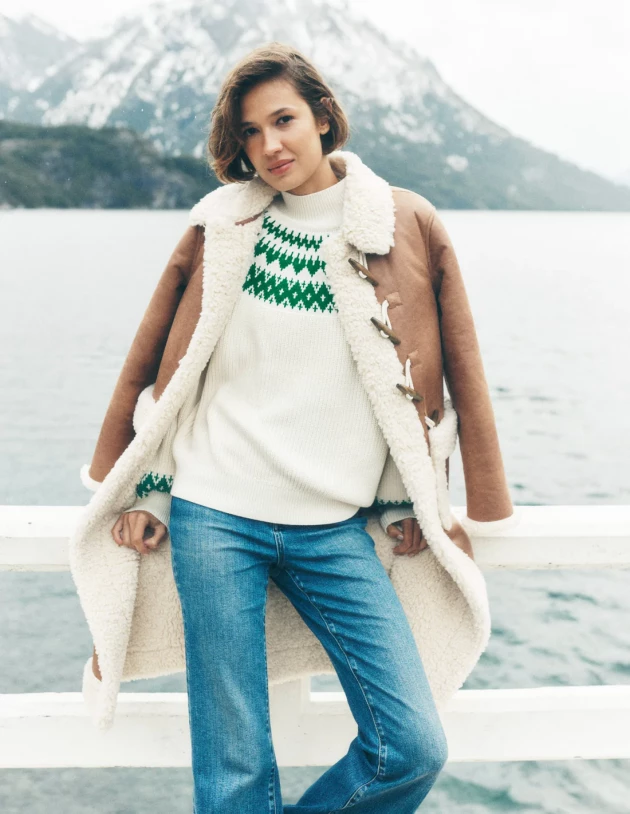 A model wears Boden's Bianca Cotton High Neck Jumper