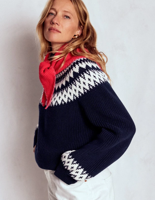 A model wears Boden's Bianca Cotton High Neck Jumper