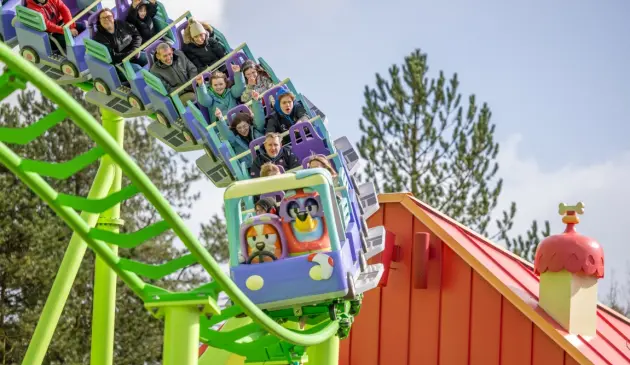 A shot of the new Bluey ride at Alton Towers with riders in
