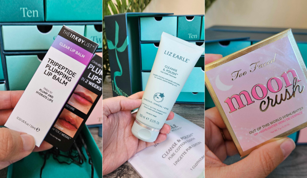 A grid of products from The INKEY List, Liz Earle and Too Faced