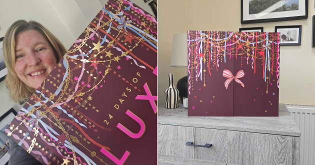Editor Rebecca Roberts poses with the Boots Luxe Beauty Advent Calendar 2026 and on the right, it sat atop a table