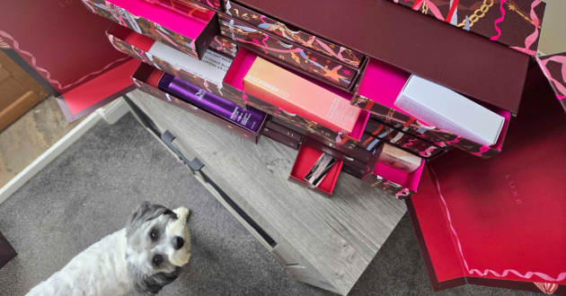 A dog looks up at the open Boots Luxe Beauty Advent Calendar 2026 on a table