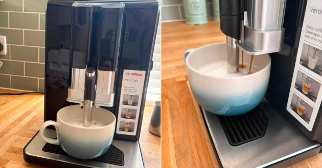 Bosch VeroCafe dispensing coffee and frothed milk into a large blue-and-white mug beneath the twin outlets