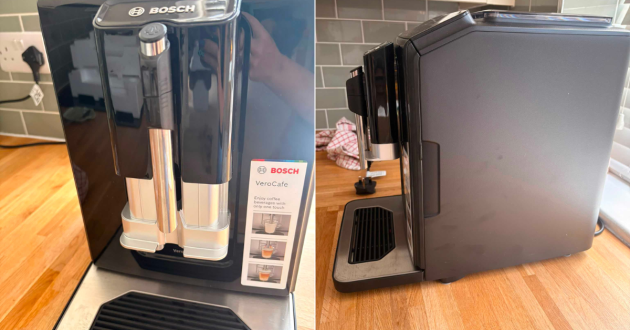 Front and side views of the black Bosch VeroCafe showing the twin coffee outlets, milk nozzle, drip tray and deep casing