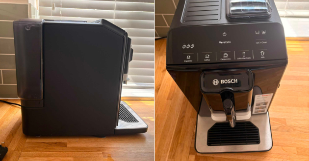 Side and overhead views of the Bosch VeroCafe showing the removable water tank, top controls, bean hopper, drip tray and front dispensers