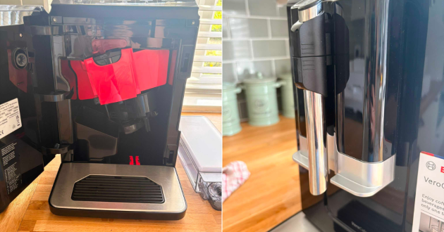 Bosch VeroCafe with its side door open to show the brewing unit, alongside a close-up of the front milk nozzle