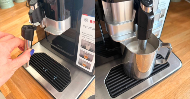 Milk tube being connected to the Bosch VeroCafe, followed by the metal nozzle frothing milk in a stainless-steel jug