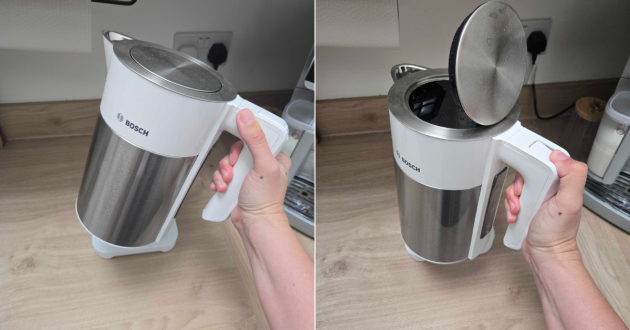 A hand holds the Bosch Sky TWK7201GB kettle