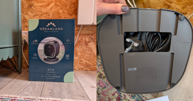 Box and underneath of Dreamland eco fan heater