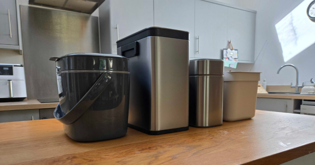 Side by side view of the Brabantia Sort & Go Waste Bin 6L compared to EKO, simplehuman and Addis food caddies