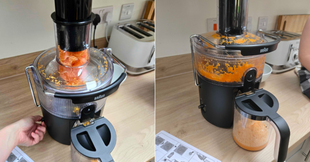 Before and after the Braun MultiJuice 5 spin juicer blitzes oranges