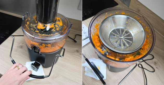 Close-up of Braun MultiJuice 5 anti-drip spout and juicing chamber filled with orange pulp after use