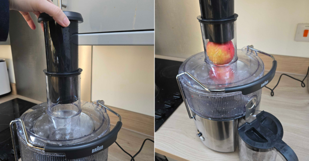 A close up of the chute presser on the Braun MultiJuice 7 spin juicer