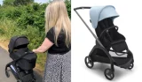 Woman pushing Bugaboo Dragonfly alongside product shot of Bugaboo Dragonfly