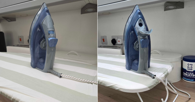 Sat atop an ironing board, the Bush ES2475 Steam Iron review with its lid open and closed