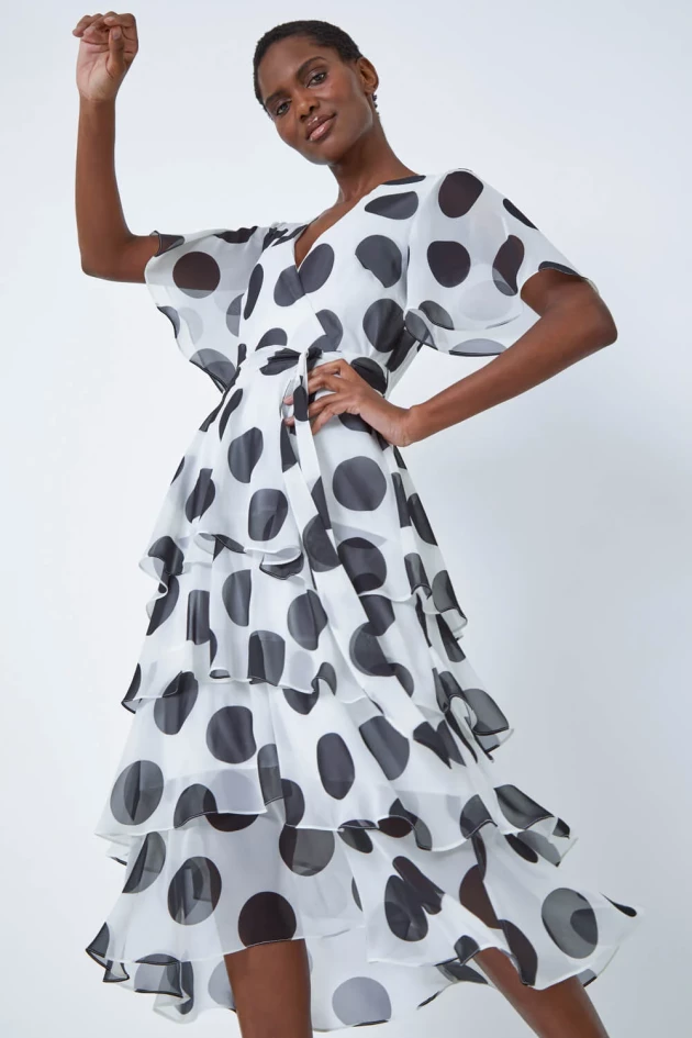 Ivory Polka Dot Chiffon Frill Tiered Midi Dress