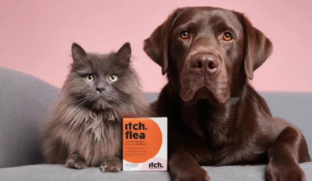 A picture of Itch Pet flea treatment with a cat and a dog
