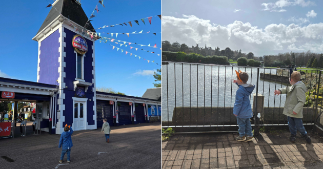 Children at Alton Towers walking into the entrance and overlooking the lake