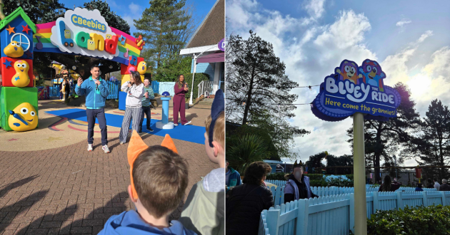 Two children watching CBeebies presenters infront of CBeebies Land in Alton Towers and the sign for The Bluey Ride