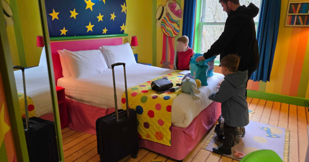 A look at the master bed in a room at CBeebies Land Hotel