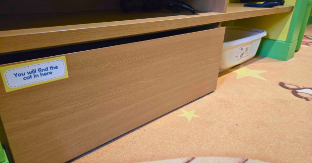 Baby bath and bed inside a room at CBeebies Land Hotel