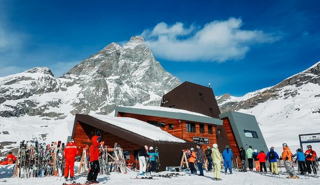 Skiers in Cervinia ski resort, Italy