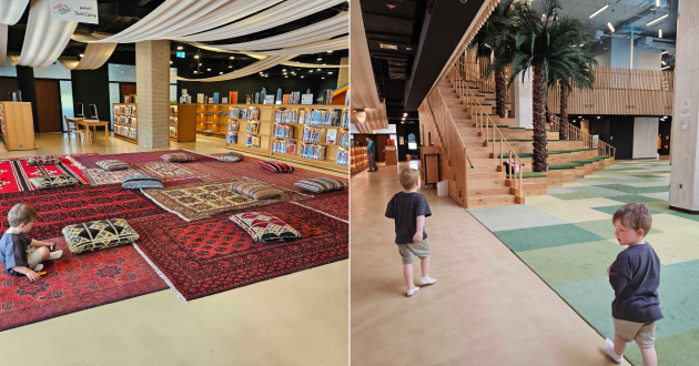 On the left, a child sits on an Arabic carpet and on the right, they explore the Children's Library in Abu Dhabi