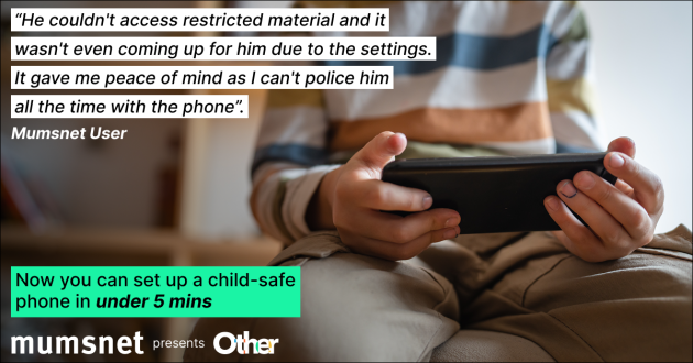 Child on smartphone with Mumsnet user quote text overlay