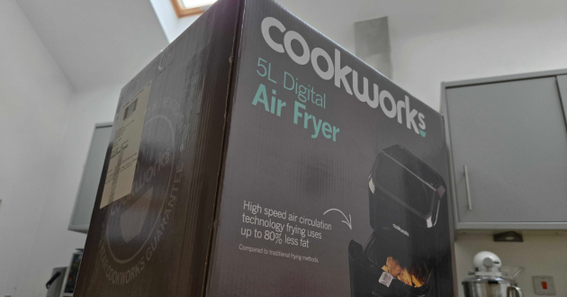 Cookworks 5L Digital Air Fryer retail box in a kitchen