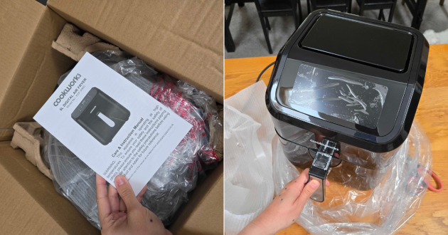 Cookworks 5L Air Fryer being unboxed, with the instruction manual and protective packaging