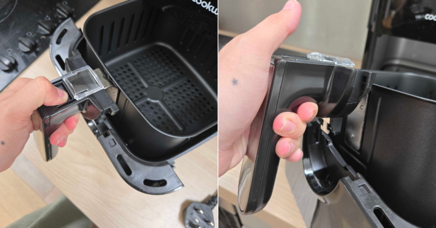 Close-up of the Cookworks air fryer basket-release button and removable inner basket