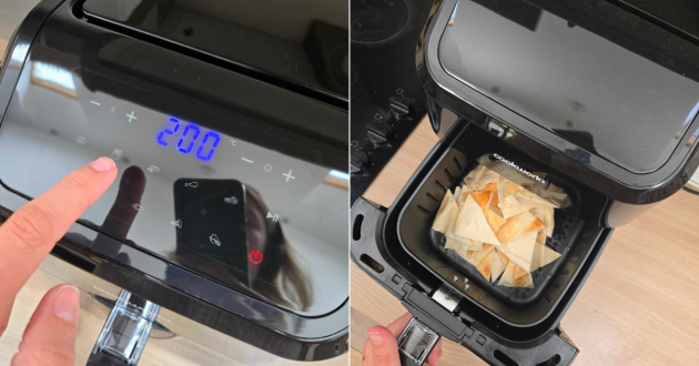 Cookworks air fryer touch controls set to 200°C beside tortilla chips cooking in the basket