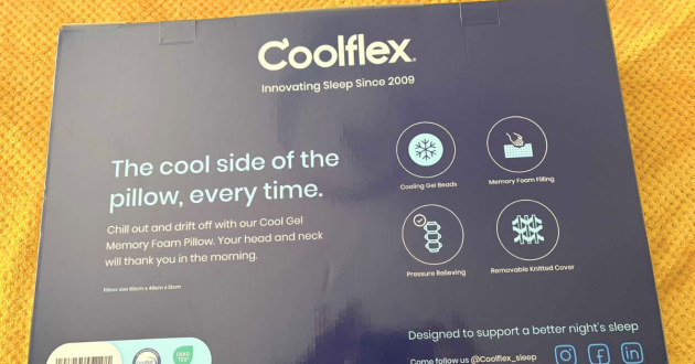 A close up of the Cooflex Cool Gel Memory Foam Pillow box