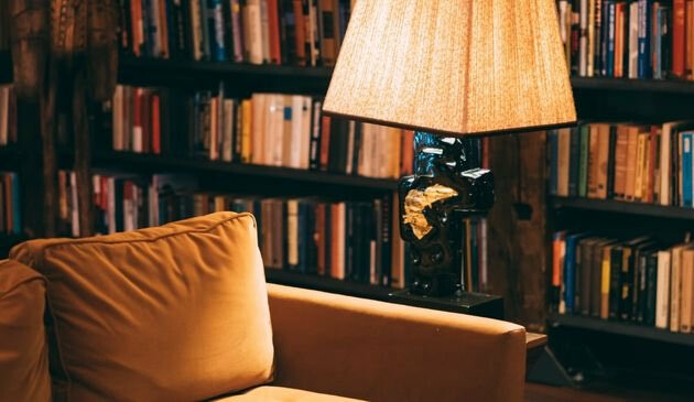 living room with sofa and bookshelf