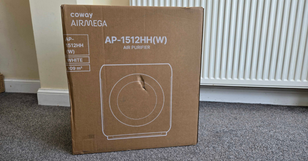 The Coway Airmega Mighty air purifier in its box