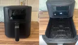 Side by side view of the Cuisinart Compact Max Air Fryer with its drawer closed and open
