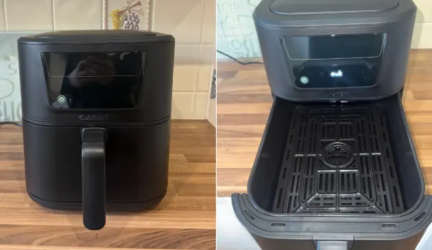 Side by side view of the Cuisinart Compact Max Air Fryer with its drawer closed and open